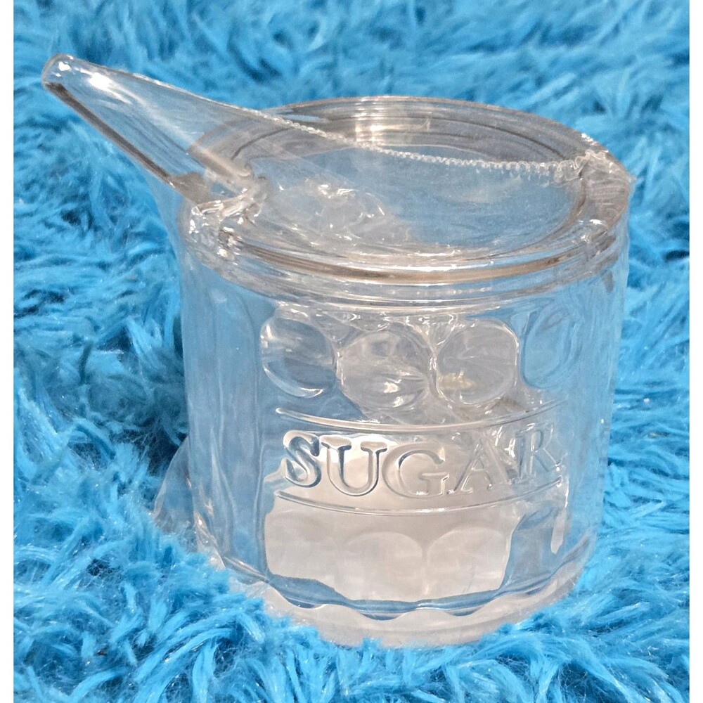 Old East Main Co. Clear Glass Sugar Bowl w/ Lid & Spoon, 8.3 fl oz Sealed